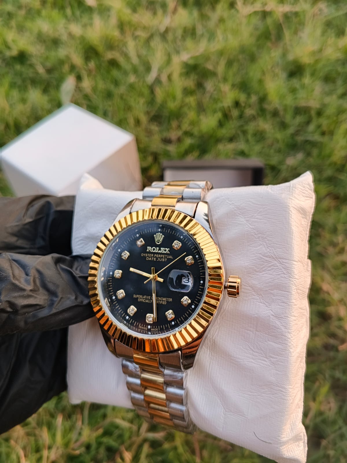 Rolex Oyster Perpetual Datejust Two-Tone Gold & Silver Men’s Watch with Black Diamond Dial